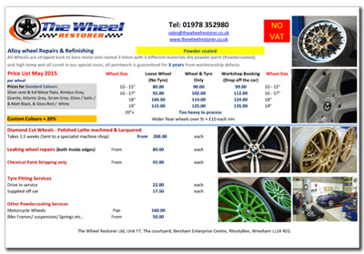 Alloy Wheels Repairs and Refurbishment Price List