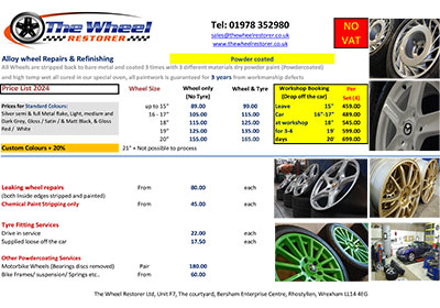 Alloy Wheels Repairs and Refurbishment Price List